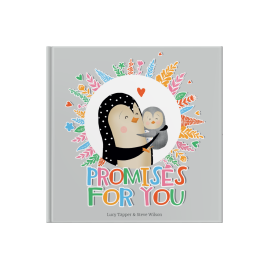 Book cover. Cute illustrated adult penguin with baby penguin, surrounded by colourful plants and hearts.