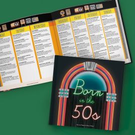 Born In The 50s Gift Book with open spread showing popular media.