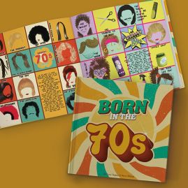Born In The 70s Gift Book with open spread showing popular media.
