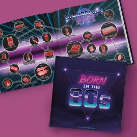 Born In The 70s Gift Book with open spread showing popular media.