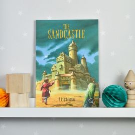 Book on shelf with wooden toys.