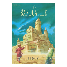 Traditional style illustration of a young boy in pyjamas walking towards a giant sandcastle. 