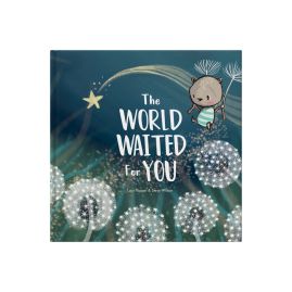An adorable illustrated baby bear floats in the air, gently holding two fluffy dandelions.