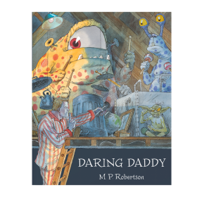 Book cover: A group of monsters causing a ruckus in the attic, while a dad stands below, telling them to keep it down.