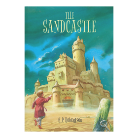 Traditional style illustration of a young boy in pyjamas walking towards a giant sandcastle. 