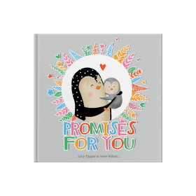 Book cover. Cute illustrated adult penguin with baby penguin, surrounded by colourful plants and hearts.