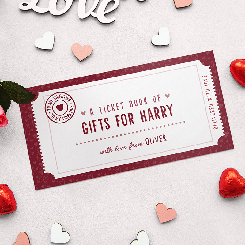 Love themed ticket book "A ticket book of gifts for Harry, with love from Oliver"