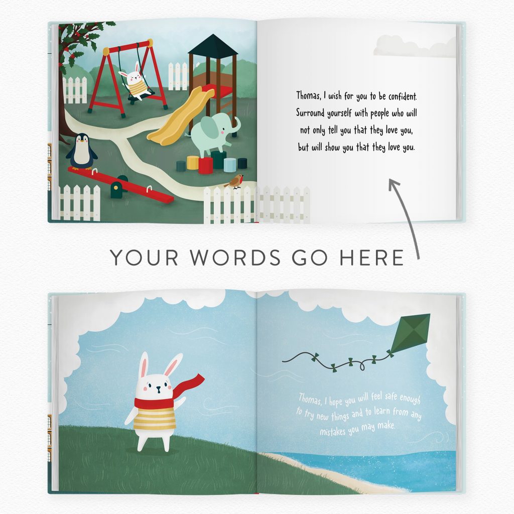 Two spreads of cute illustrated bunny at the playground on the swings, with penguin and elephant. And bunny losing a kite in the wind.
