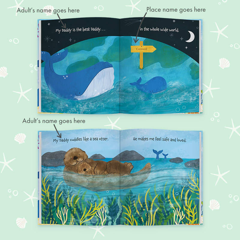Two spreads showing a big and small whale swimming to Cornwall, UK and otters cuddling in the sea with the two whales in the distance.