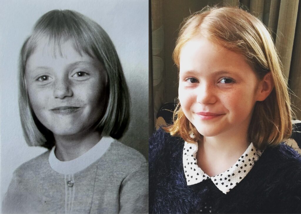 Helen and Mila childhood portraits side by side.