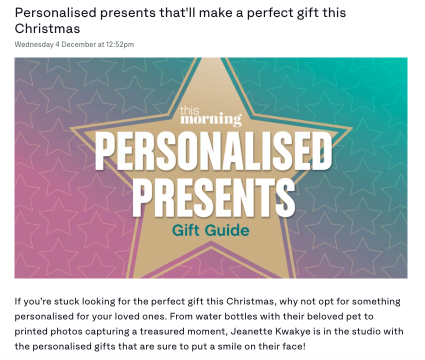 ITV's Christmas Gift Guide 2026. Featuring personalised gifts from British brands.